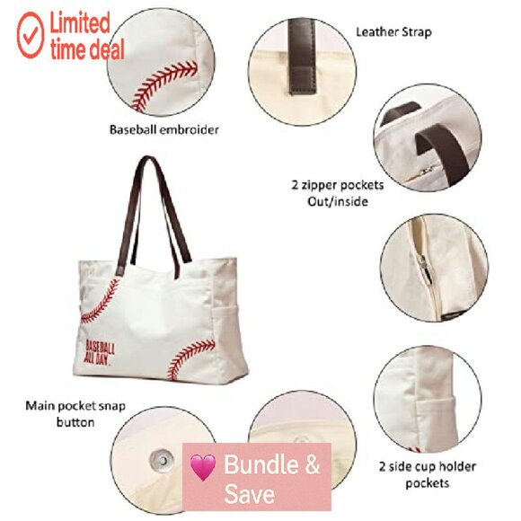 Large Canvas Baseball Tote Bag with Multiple Pockets for Sports Games - Picture 6 of 8